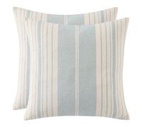 Tosleo Lot de 2 Boho Housse de Coussin Doux Rayé Tissées Texturées en Lin Coton 45x45cm Bandes Larges Extra Doux Taie Oreiller de Ferme pour Canapé Lit Bureau Fauteuil Salon Salle Décor Bleu