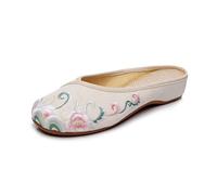 TOSOFT Chaussons Légers En Toile For Femmes Mules Mignonnes Et Confortables Brodées Dos Nu Chaussures Plates Décontractées For La Marche Et La Maison(Beige,37 EU)