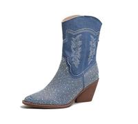 TOSOFT Mode Strass Femmes Denim Bottine Bout Pointu Mi-mollet Talon Épais Cheville Cowboy Bottes For Chaussures De Soirée (Color : Blue, Size : 40)
