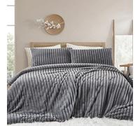 Tospass Stripe Fausse Fourrure Housse de Couette Hiver Flanelle 140x200 1 Personne Adulte Polaire Chaude Gris Parure de Lit Réversible Velours avec Fermeture Éclair avec 1 Taies d'oreiller 65x65 cm
