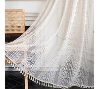 Tospass Vintage Style Voilage Rideau Boho Bohème Rideaux Beige Semi-Transparent avec Gland 2 pièce Rideaux Extérieur Coton pour Salon Chambre Rideaux Moderne 150x220 cm