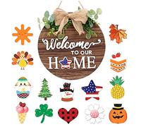 TOSSPER Panneau De Porte Suspendu en Bois Rond en Bois Saisonnier Interchangeable Bienvenue chez Notre Maison pour Décoration De Porte D'entrée avec 14 Ornement Saisonnier