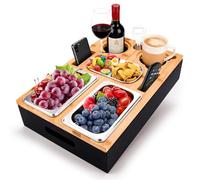 TOSUTO Boîte à goûter pour canapé,Plateau Canapé De Collation avec 2 Bols en INOX & Bol à Épices,Plateau de canapé en Bois,Couvercle Magnétique Amovible en Plateau pour Canapé,Lit et Jardin
