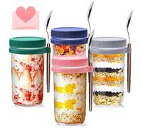 TOSUTO Lot de 4 Bocaux à yaourt Overnight Oats,600ml tasses à céréales en verre à emporter avec couvercle et cuillère,Réutilisable Bol Yaourt a Emporter pour pour les Salades, les Céréales,le Lait