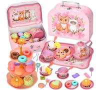 TOSUTO Service à Thé pour Enfant,54 PCS Service à Thé Jouets,Jouets étui de Transport,Jeu de Simulation pour Filles,Faisant Semblant pour Enfants Tea Party Jeux de Rôlepour Enfants Fille 3 4 5 6 7 Ans