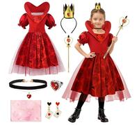 TOSZOLY Costume de Reine de Cœur pour Fille, Queen of Hearts Costume avec Diadème, Boucles d'Oreilles, Collier en Forme de Cœur, Wonderland Déguisement Fille pour Carnaval Halloween Cosplay,130