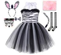 TOSZOLY Deguisement Animaux Enfant, Robe Princesse Fille avec Jupe Tutu, Queue,Tatouages Temporaires, Ensemble de Costume Animaux pour Anniversaire Halloween Carnaval Cosplay (130, Zèbre)