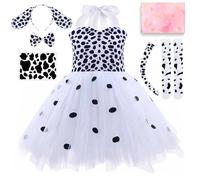 TOSZOLY Deguisement Animaux Enfant, Robe Princesse Fille avec Jupe Tutu, Queue,Tatouages Temporaires, Ensemble de Costume Animaux pour Anniversaire Halloween Carnaval Cosplay (130, Chien tacheté)