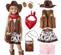 TOSZOLY Deguisement Cowgirl Enfant Fille, Robe Western pour Fille avec Bandana, Chapeau Cowboy, Cowgirl Costume pour Halloween Carnival Cosplay Party, Deguisement Fille 5-8 Ans