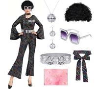TOSZOLY Deguisement Disco Femme, Deguisement Femme Annee 70 et Accessoire, Collier, Perruque,Années 70 Tenue Disco pour Déguisement Carnaval Halloween Parties Anniversaire Cosplay (Black, L)