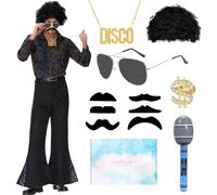 TOSZOLY Deguisement Disco Homme, Tenue Annee 70 et Accessoires, Lunettes, Perruques, Déguisement Disco Annee 70 pour Déguisement Carnaval Halloween Parties Anniversaire Cosplay (noir, XL)
