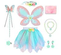 TOSZOLY Déguisement Fée Fille 8 Pièces - Ailes de Papillon, Jupe Tutu, Baguette, Couronne de Fleurs, Bijoux, Costume Princesse pour Filles 3-6 Ans, Anniversaire, Carnaval, Halloween (Blu)