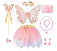 TOSZOLY Déguisement Fée Fille 8 Pièces- Ailes de Papillon, Jupe Tutu, Baguette, Couronne de Fleurs, Bijoux, Costume Princesse pour Filles 3-6 Ans, Anniversaire, Carnaval, Halloween (Rosa)