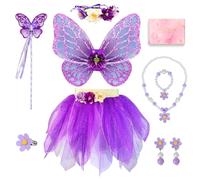TOSZOLY Déguisement Fée Fille 8 Pièces - Ailes de Papillon, Jupe Tutu, Baguette, Couronne de Fleurs, Bijoux, Costume Princesse pour Filles 3-6 Ans, Anniversaire, Carnaval, Halloween (Viola)