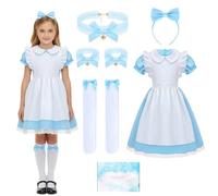 TOSZOLY Déguisement Fille au Pays des Merveilles, Wonderland Costume Halloween Fille avec Robe Bleue, Tablier Blanc, Bandeau, Bas, Robe de Princesse pour Carnaval, Halloween, Cosplay 6 à 11 Ans