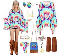 TOSZOLY Deguisement Hippie Femme, Hippie Femme Costume des Annee 60 avec Accessoires, Déguisement Costumes Poncho des Annee 70, Adaptés pour la Disco, Soirées à Thème Rétro, Halloween (Bleu)