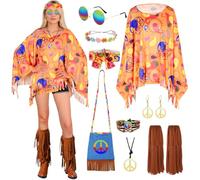 TOSZOLY Deguisement Hippie Femme, Hippie Femme Costume des Annee 60 avec Accessoires, Déguisement Costumes Poncho des Annee 70, Adaptés pour la Disco, Soirées à Thème Rétro, Halloween (Orange)