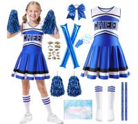 TOSZOLY Deguisement Pompom Girl, Deguisement Pom-Pom Girl Enfant avec Pompons, Bâton Gonflable de Autres Accessoires, Costume Cheerleader Fille pour Halloween Carnaval (Bleu, 140)