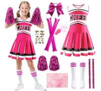 TOSZOLY Deguisement Pompom Girl, Deguisement Pom-Pom Girl Enfant avec Pompons, Bâton Gonflable de Autres Accessoires, Costume Cheerleader Fille pour Halloween Carnaval (Rose rouge, 140)