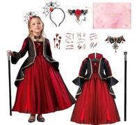 TOSZOLY Deguisement Vampire Fille, Ensembles de Déguisements de Vampire avec Costumes et Canne de Vampire, Déguisement Carnaval Enfant, Cosplay Costume Vampire Enfant pour Carnaval Halloween Party
