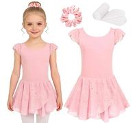 TOSZOLY Justaucorps Danse Fille, Ensemble Ballet avec Tutu à Paillettes, Chouchou & Collants Blancs, Tenue Danse Classique Enfant pour Cours de Ballet 4-9 Ans