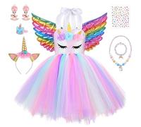 TOSZOLY Robe Princesse Fille, Déguisement Licorne avec Bandeau et Collier, Robe Tutu Licorne Enfant pour Anniversaire Halloween Noël Carnaval Cosplay (110(3-4 Ans))