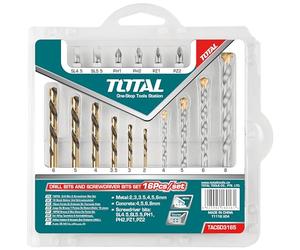 TOTAL - Ensemble de 16 Forets | Pour le Métal et le Mur | Embouts de Vissage, Plats, Phillips et Pozidrive | Précision et Durabilité | Résistant au Passage du Temps