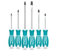 TOTAL - Jeu de 6 tournevis à pointe aimantée - 3 à tête plate et 3 à tête Phillips - Avec tige ronde - Manche ergonomique bimatière - Acier - Force De Serrage Maximum