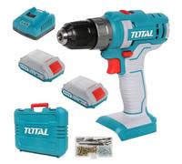 TOTAL - Perceuse-visseuse sans fil 20V | Avec Mandrin Automatique Jusqu'à 10 mm | 15 Couples de Serrage et 1 de Perçage | 2 Vitesses et Lumière LED | Avec 2 Batteries 2AH, Chargeur Rapide et Étui