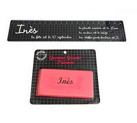 Totales Créations-Lot d'une règle en plastique souple de 20cm prénom Inès + une gomme géante de 8,5cm prénom Inès