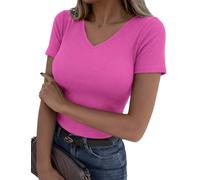 Totatuit T Shirt Col V Haut Côtelé Manches Courtes Coupe Ajustée Stretch