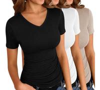 Totatuit T Shirt Col V Haut Côtelé Manches Courtes Coupe Ajustée Stretch