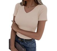 Totatuit T Shirt Col V Manches Courtes Haut Côtelé Ajusté Extensible Top