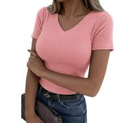 Totatuit T-shirt Femme Manches Courtes Col V Côtelé Haut Ajusté Style