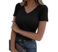 Totatuit T-Shirt Femme Manches Courtes Col V Côtelé Slim Fit Haut Femme Chic et Polyvalent pour Toutes Les Occasions Noir，M