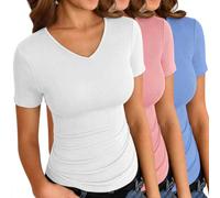 Totatuit Tee Shirt Col V Manches Courtes T Shirt Côtelé Stretch Coupe