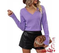 TOTDYIKH Pull à Manches Longues Et Col en V pour Femme, Couleur Unie, Léger, Décontracté, Ample, en Tricot (Large,Purple)