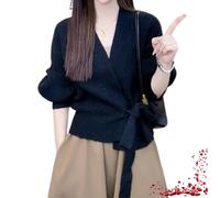 TOTDYIKH Pull Cache-cœur décontracté à col en V pour Femme (One-Size,Black)