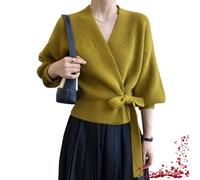 TOTDYIKH Pull Cache-cœur décontracté à col en V pour Femme (One-Size,Dark Yellow)