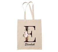 Tote bag Elisabeth | Sac caban en toile coton prénom femme avec Lettre fleur | Idée cadeau pour anniversaire noël et fête des mères