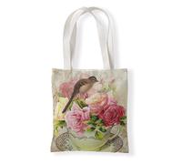 Tote Bag Femme Fleur Rose Oiseau Sac fourre-tout en coton,sacs en tissu d'épicerie réutilisables et légers,adaptés au bricolage, à la publicité,à la promotion,aux cadeaux,aux activités 35x40cm