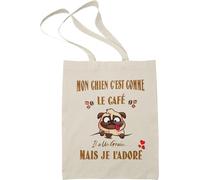 Tote bag humour mon Chien c'est comme le café il a un grain mais je l'adore Sac Fourre tout