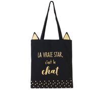 Tote Bag jonc de mer et polyester ""la vraie star c'est le chat"" collection CAT 36x74 cm noir