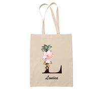 Tote bag Louisa | Sac caban en toile coton prénom femme avec Lettre fleur | Idée cadeau pour anniversaire noël et fête des mères