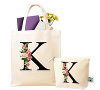 Tote Bag Personnalisable - Cadeau Personnalisé - Tote Bag Femme avec Initiale + Bag en Toile Trousse de Maquillage - Sac Cabas Toile - Lettre K