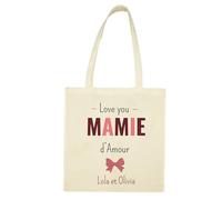 Tote Bag Personnalisé Mamie, Bordeaux et Rose, 39x32 cm, Toile de Coton Souple 200g, Motif Nœud Rayé, Anses 22 cm, Collection Fête des Grands-Mères