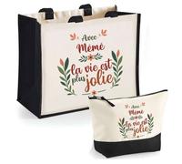 Tote bag - PLANETEE - Duo cabas jute et trousse ""Mémé la vie est plus jolie"" - Jute & coton - 33x42 cm - Message personnalisé