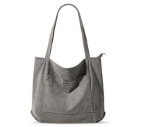 Tote Bag Sac Fourre Tout Femme Sac Cabas Femme en Velours Côtelé Sac Bandouliere Grand Sac a Main Femme Sac Cours Sacs de Courses Sac Tissu avec Fermeture Éclair et Poches (Gris)