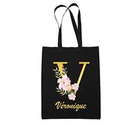 Tote Bag Véronique | Sac cabas réutilisable prénom femme fond noir avec Lettre fleur | Idée cadeau pour anniversaire noël et fête des mères