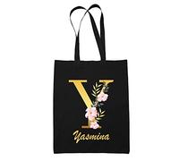 Tote Bag Yasmina | Sac cabas réutilisable prénom femme fond noir avec Lettre fleur | Idée cadeau pour anniversaire noël et fête des mères